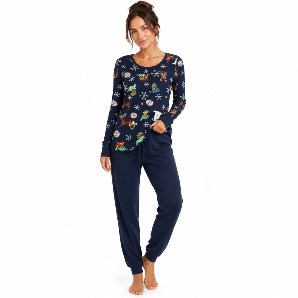 Old Navy Womens Small Blue Holiday Dog Snowflake Thermal Pajama Top NWT
